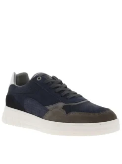 Sneakers en cuir marine à semelle semi-compensée blanche et lacets plats