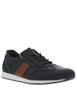 Sneakers en cuir marine à talon plat et à lacets ronds avec zip latéral