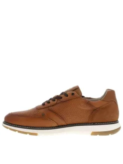 Sneakers en cuir marron cognac à lacets et zip latéral, semelle blanche