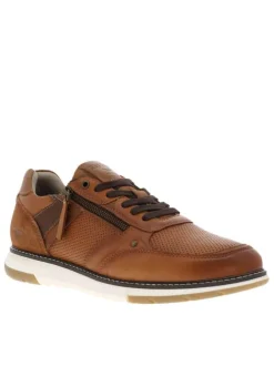 Sneakers en cuir marron cognac à lacets et zip latéral, semelle blanche