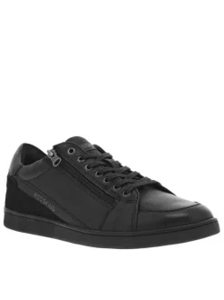 Sneakers en cuir noires plates avec fermeture zippée et lacets plats enduits