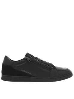 Sneakers en cuir noires plates avec fermeture zippée et lacets plats enduits