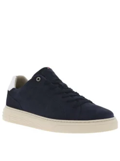 Sneakers en cuir nubuck marine à semelle beige semi-compensée et vulcanisée