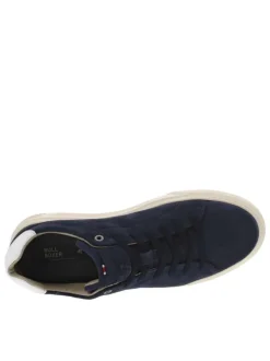 Sneakers en cuir nubuck marine à semelle beige semi-compensée et vulcanisée