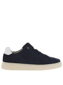 Sneakers en cuir nubuck marine à semelle beige semi-compensée et vulcanisée