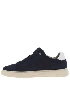 Sneakers en cuir nubuck marine à semelle beige semi-compensée et vulcanisée