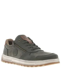 Sneakers kaki avec double fermeture et patch de la marque sur la languette