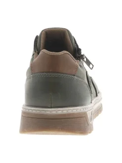 Sneakers kaki avec double fermeture et patch de la marque sur la languette