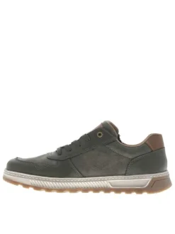 Sneakers kaki avec double fermeture et patch de la marque sur la languette
