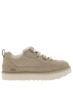 Sneakers larges en cuir taupe en daim à semelle plate et à lacets plats