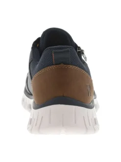 Sneakers marine à semelle blanche ajourée avec empiècements marron