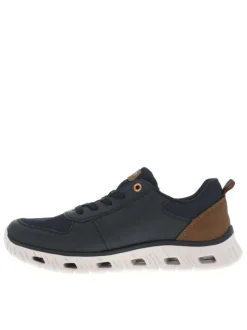 Sneakers marine à semelle blanche ajourée avec empiècements marron