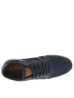 Sneakers marine à semelle blanche avec lacets plats et logos blancs