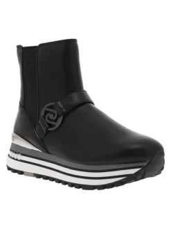 Sneakers montantes en cuir brillant noir à semelle running compensée et soufflets élastiqués