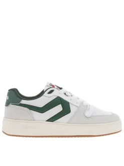 Sneakers multisport blanches et vertes à semelle blanche, lacets plats et logo