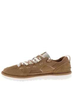 Sneakers naturelles en cuir avec un talon plat et des lacets blancs et marron