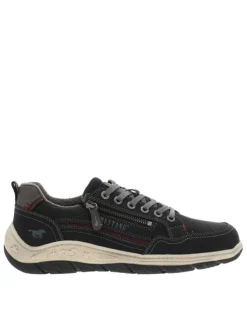 Sneakers noires à talon plat avec des lacets plats gris et un zip
