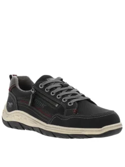 Sneakers noires à talon plat avec des lacets plats gris et un zip