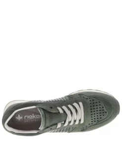 Sneakers olive en cuir perforé avec semelle blanche et grise et des lacets plats