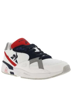 Sneakers style tennis rétro en Mesh textile et cuir blanc à semelle semi-compensée et à lacets contrastés