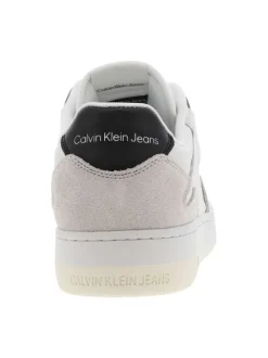 Sneakers tennis en cuir blanc à semelle semi-compensée et patchs nubuck crème
