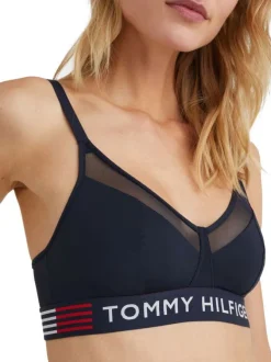 Sourtien-gorge marine avec nom de marque sur la bande élastiquée