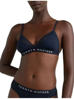 Soutien-gorge marine unie avec des détails en dentelle bleue