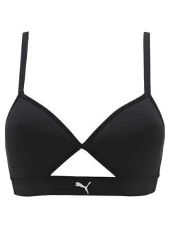 Soutien-Gorge noir uni avec attache par agrafe et logo blanc sur l'avant