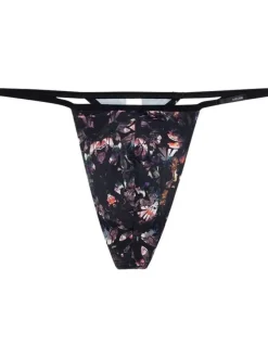 String noir fleuri avec une coupe moulante et une taille élastiquée
