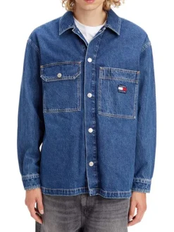 Surchemise boutonnée, en coton recyclé jean indigo à col à revers
