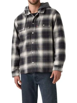 Surchemise en coton anthracite à motif écossais pourvue d'un col à capuche
