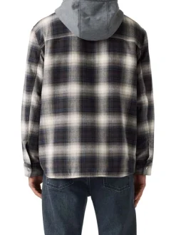 Surchemise en coton anthracite à motif écossais pourvue d'un col à capuche