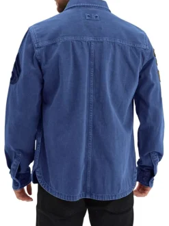 Surchemise en coton bleue marine uni à coupe regular fit avec des poches