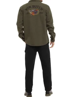 Surchemise en coton kaki uni avec une coupe droite et un col à revers