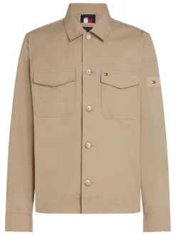 Surchemise en coton mélangé beige unie droite à col à revers et poches
