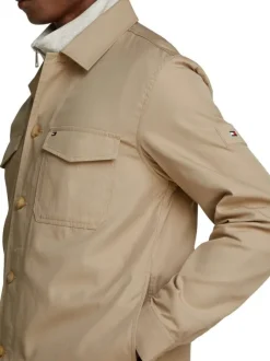 Surchemise en coton mélangé beige unie droite à col à revers et poches