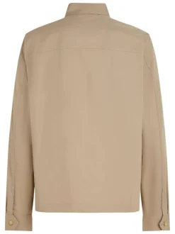 Surchemise en coton mélangé beige unie droite à col à revers et poches