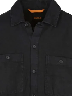 Surchemise en lin noire unie avec une coupe droite et un col à revers
