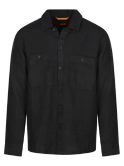 Surchemise en lin noire unie avec une coupe droite et un col à revers