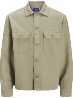 Surchemise kaki unie en coton à coupe regular avec 2 poches et col à revers