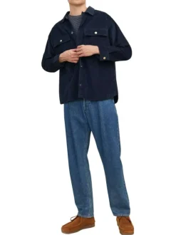 Surchemise marine unie avec une coupe droite et des manches longues