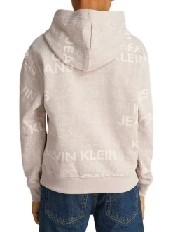Sweat à capuche en coton beige avec un imprimé all-over et une coupe droite