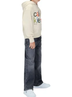 Sweat à capuche en coton écru uni à coupe droite avec le nom de la marque