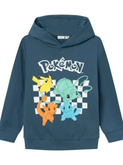 Sweat à capuche en coton mélangé bleu avec un imprimé et une coupe droite