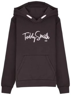 Sweat à capuche en coton noir uni à coupe droite avec le nom de la marque