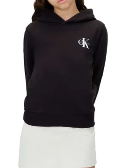 Sweat à capuche en coton noir uni à coupe droite avec le logo imprimé