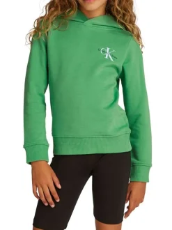 Sweat à capuche en coton vert uni avec une coupe droite et le logo imprimé