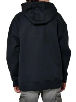 Sweat à capuche noir uni à coupe droite avec un imprimé blanc à la poitrine