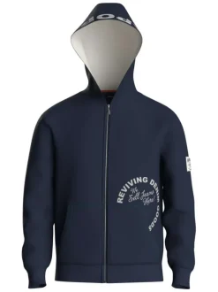 Sweat à capuche zippé bleu marine uni à coupe droite avec écritures blanches