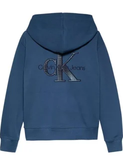 Sweat à capuche zippé en coton bleu uni avec le logo au dos et à la poitrine